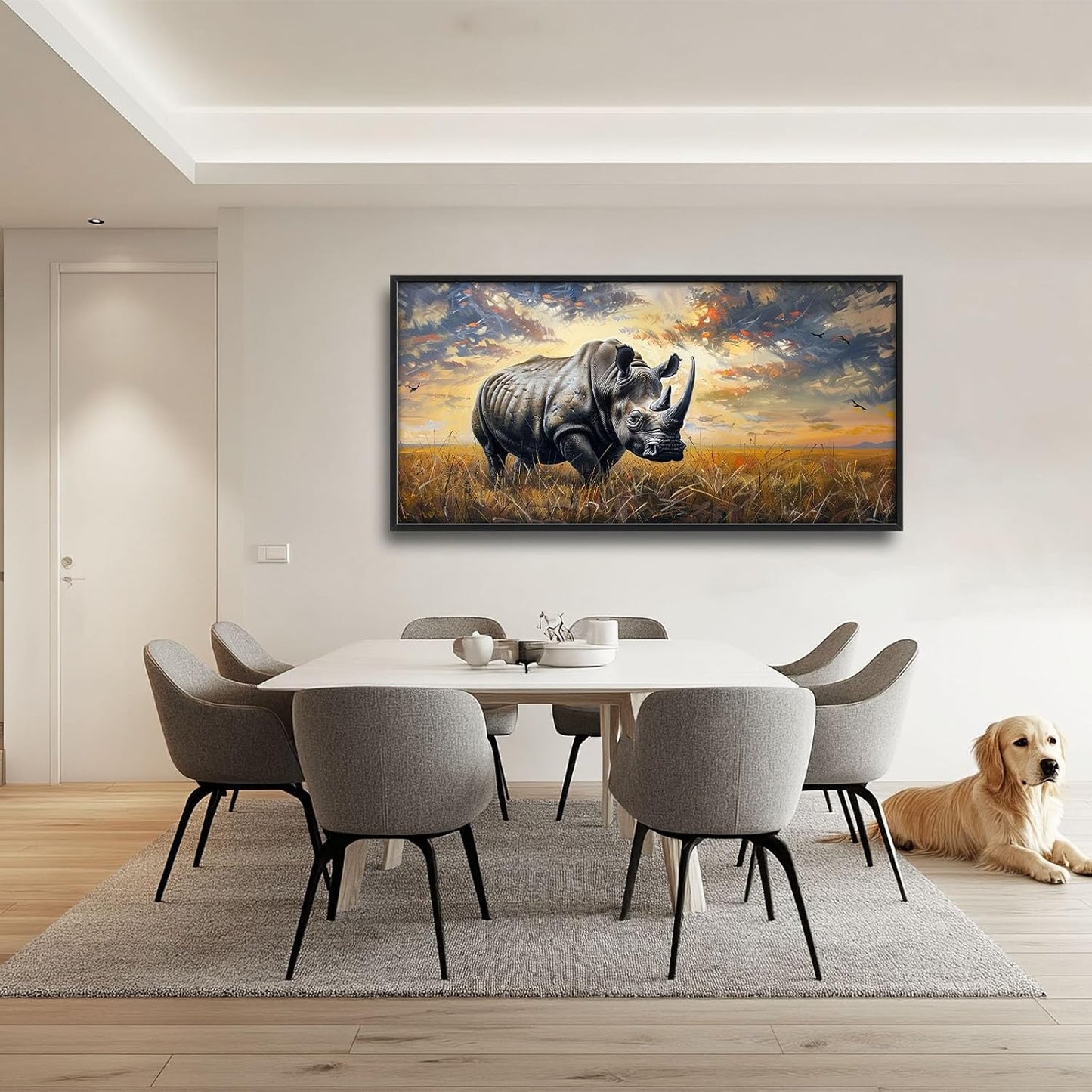 Rhino Large Wall Art Rustic Cool Wild Animal Rhinoceros Pictures Sunset Field Landscape Wall Decor Canvas Print Painting Artwork for Bathroom Living Room Bedroom 60L" x 30W"