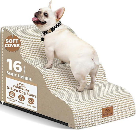 Dog Ramp and Stair for Bed 16" H-20 H,3-Step Cat Stair for Sofa and Chair,4-Step Dog Ramp for High Bed and Window,Durable Nonslip Fabric Cover for Indoor (Beige-16 H, Pet Friendly, 3)