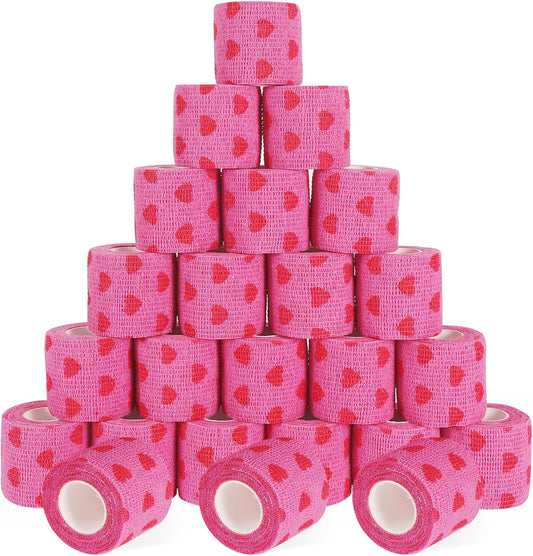 24 Pack Self Adhesive Vet Wrap & Medical Tape, 2 Inch x 5 Yards Cohesive Bandage Wrap - Pink Heart Grip Tape for Ankle, Wrist Sprains, Sports, Pet First Aid