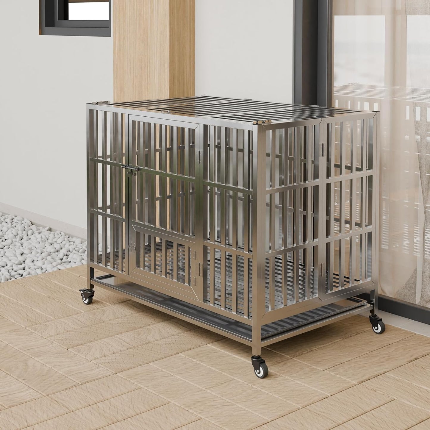 Collapsible Stainless Steel Dog Crate, 30" 37" 42" 48" Sizes, Lockable Wheel, with Tray, Stackable, Heavy Duty, Divider, Indoor and Outdoor (h-42in)