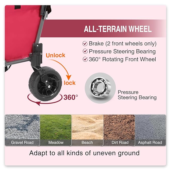 REDCAMP Folding Dog Wagon Cart with Extendable Rear End Heavy Duty, 220L Large Collapsible Utility Cart Dog Stroller with Tailgate for Sports Shopping Pet, Pink