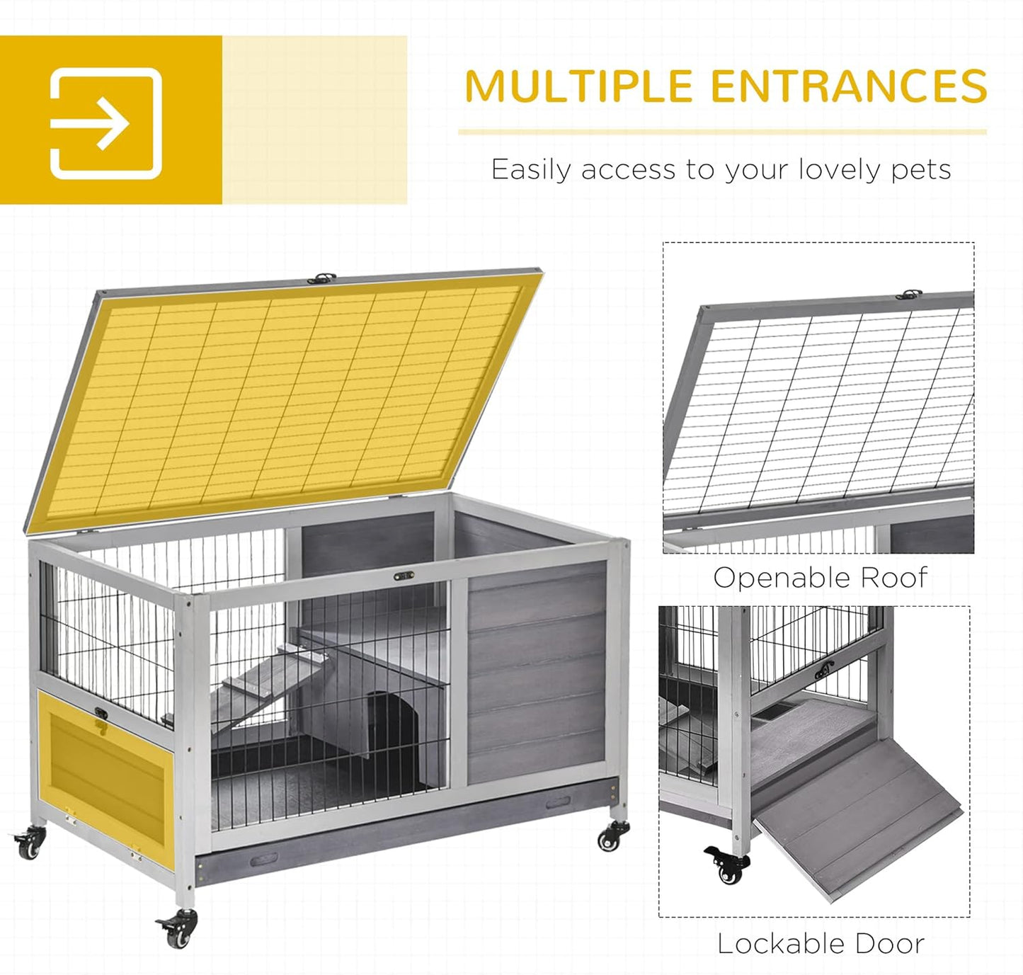 PawHut Wooden Rabbit Hutch Indoor Outdoor, Elevated Bunny Cage with No Leak Tray Enclosed Run with Wheels, Ideal for Guinea Pigs and Small Animals, Gray
