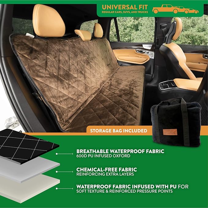 Plush Paws Products Velvet Rear Car Seat Protector w/o Hammock | Washable & Waterproof Back Seat Dog Cover for Car, Truck, & SUV | Nonslip, Tear Resistant Pet Seat Cover | Regular Chocolate