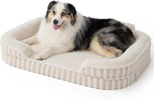 LE SURE Cute L-Plus Dog Beds, Orthopedic Waterproof Large Pet Bed with Sides, Non-Slip Bottom and Egg-Crate Foam Dog Couch Sofa with Washable Removable Cover, Beige