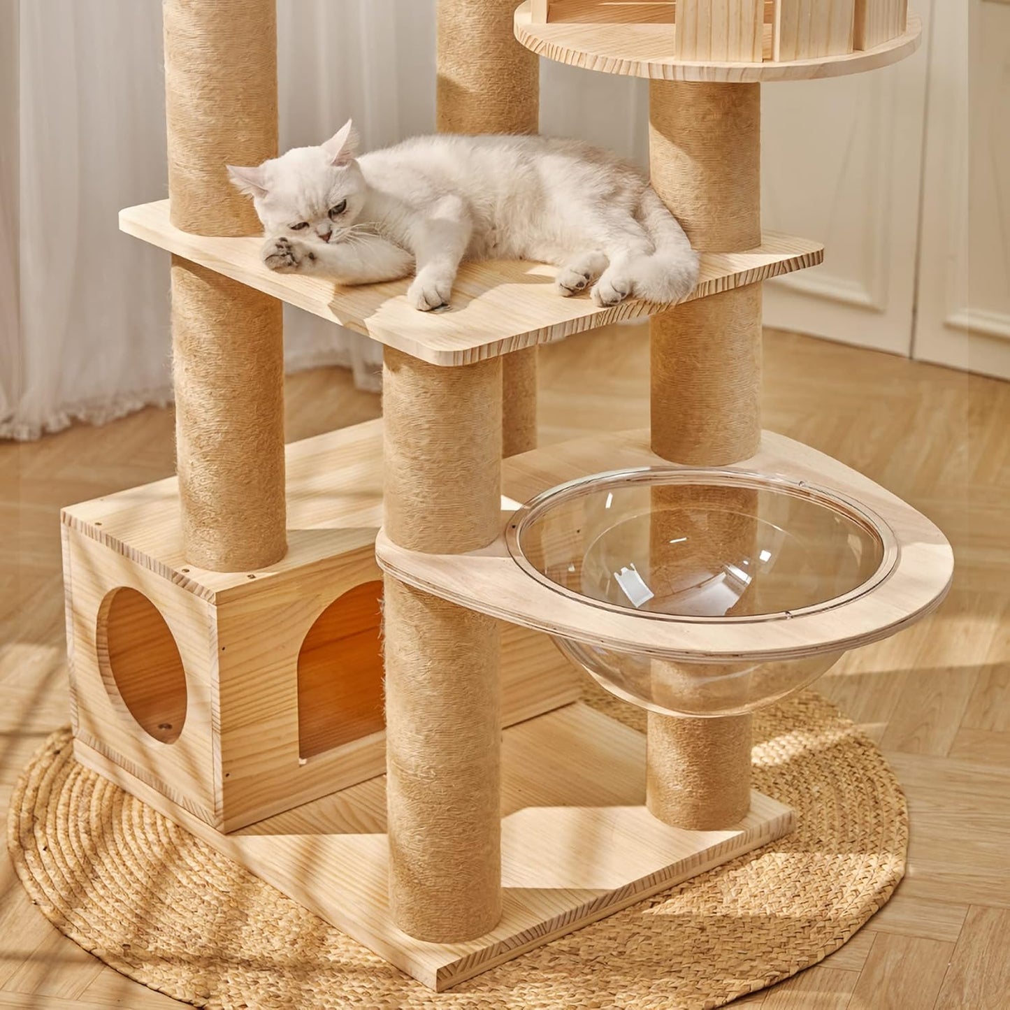Modern Multi-Level Large Real Solid Wood Cat Tree, Luxury Wooden Cat Tower Cat Condo with Multi-Layer Platform for Indoor Cats