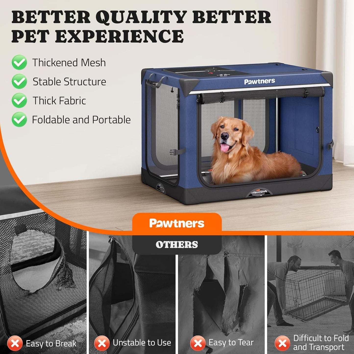 Collapsible Dog Crate: 42 Inch Foldable Soft Sided Dog Crate for Extra Large Dogs, Portable Dog Travel Kennel with Soft Mat for Indoors & Outdoors, Blue (42" L x 31" W x 31" H)