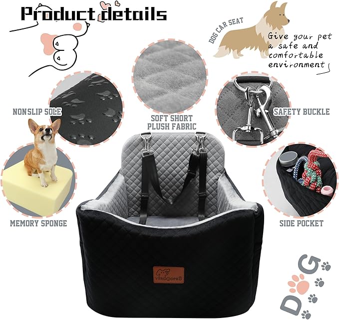 Dog Car Seat for Small Medium Dogs-Safety and Comfy Pet Booster Carseats with 2 Clip-On Satebelt & Storage Pockets,Washable and Detachable Puppy Car Seat for Dogs up to 30 lbs.(H-Black/Grey)