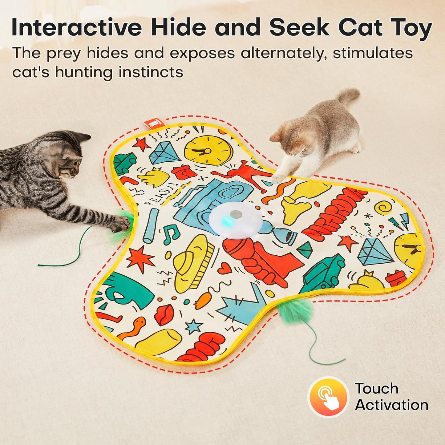 Potaroma Interactive Cat Feather Toys, Hide and Seek Concealed Moving Feather Wand, Rechargeable Touch Activated Indoor Kitten Exercise Kicker, Mouse Squeaky, Graffiti Cover