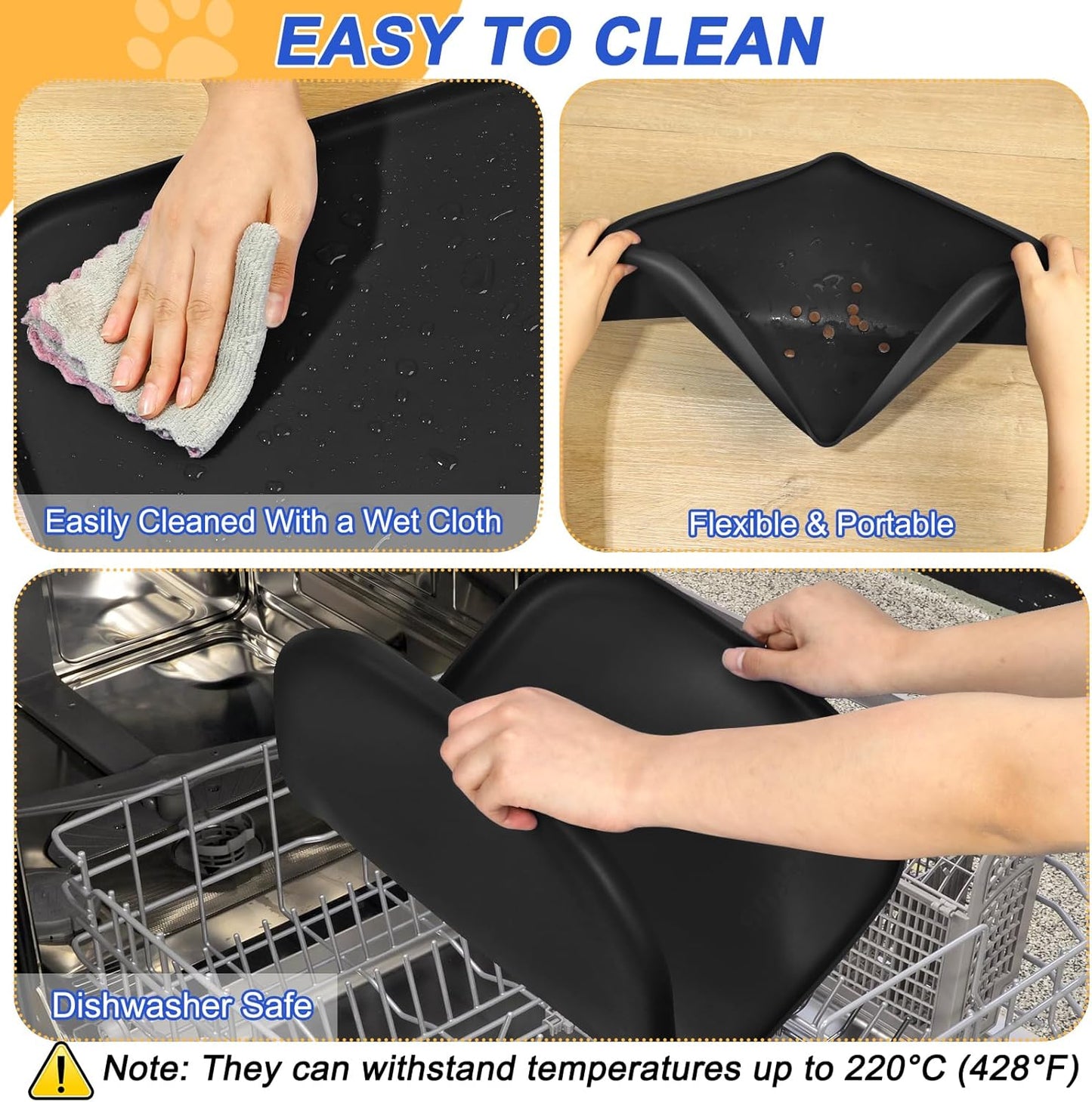 Silicone Pet Feeding Mat with Raised Edge for Food and Water, Dog Bowl Mats, Cat Bowls Placemat with High Lip for Floor Waterproof, Rubber Tray for Cats and Dogs 24 x 16 x0.8 Black