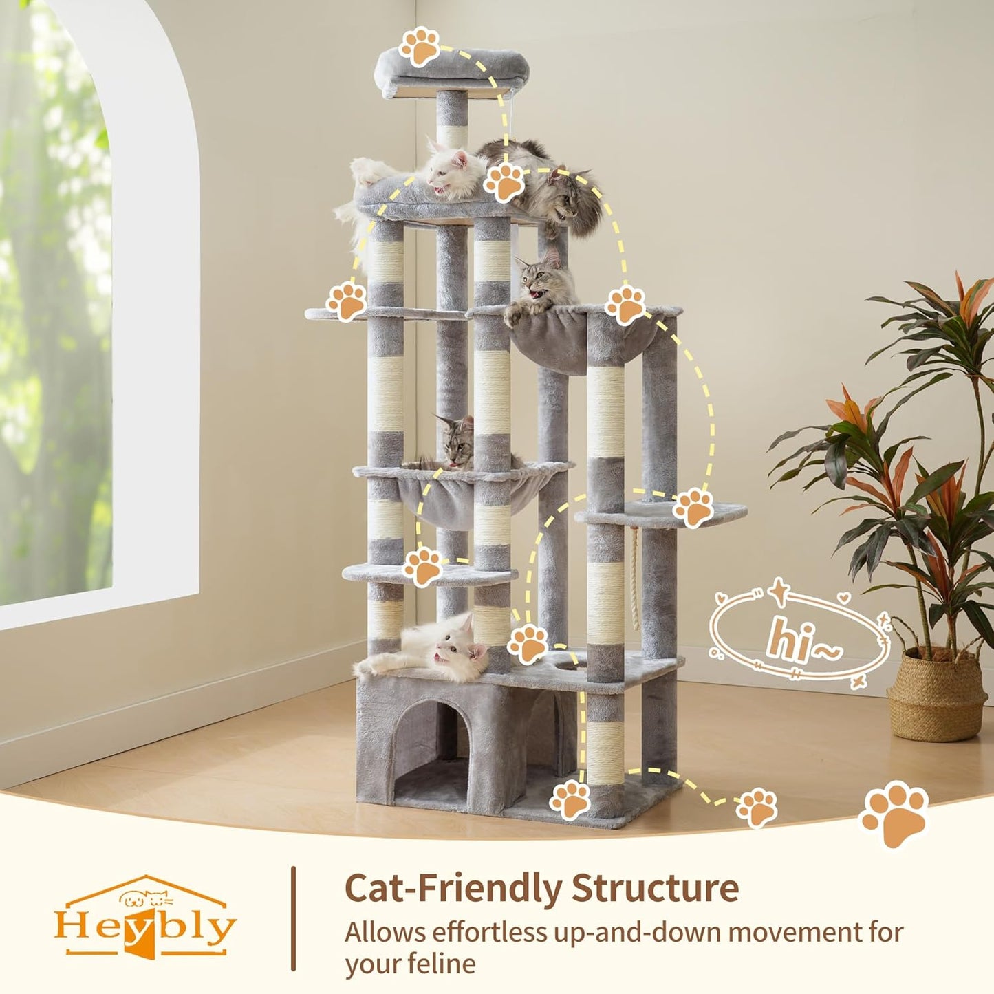 Heybly Heavy Duty Cat Tree, 71-Inch Tall Tower for Large Maine Coon with Extra-Large Baseboard, Cat Condo Furniture with Multi-Level Platforms, 2 Hammocks and 12 Scratching Posts, Light Gray HCT037W
