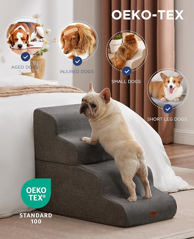 Gray Curved Dog Stairs Ramp for High Beds 22.8" H, 4-Step Dog Steps for Small Dogs and Cats, Pet Stairs for High Bed Climbing, Non-Slip Balanced Pet Step