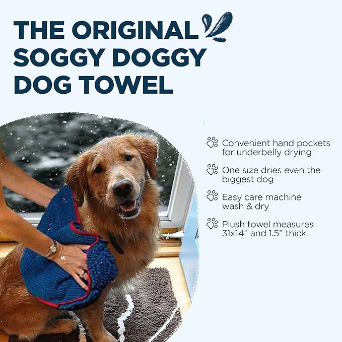 Soggy Doggy Super Shammy Dog Towel - Microfiber Chenille Towel for Drying Dogs and Cleaning Paws - Fast Drying with Hand Pockets for Ease (Blue/Red Trim, 31” x 14”)