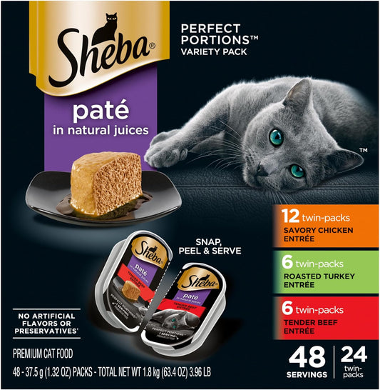 Sheba Perfect Portions Wet Cat Food Pate Savory Chicken Entree, Roasted Turkey Entree, and Tender Beef Entree Variety Pack, 2.6 oz. Twin Pack Trays (24 Count, 48 Servings)