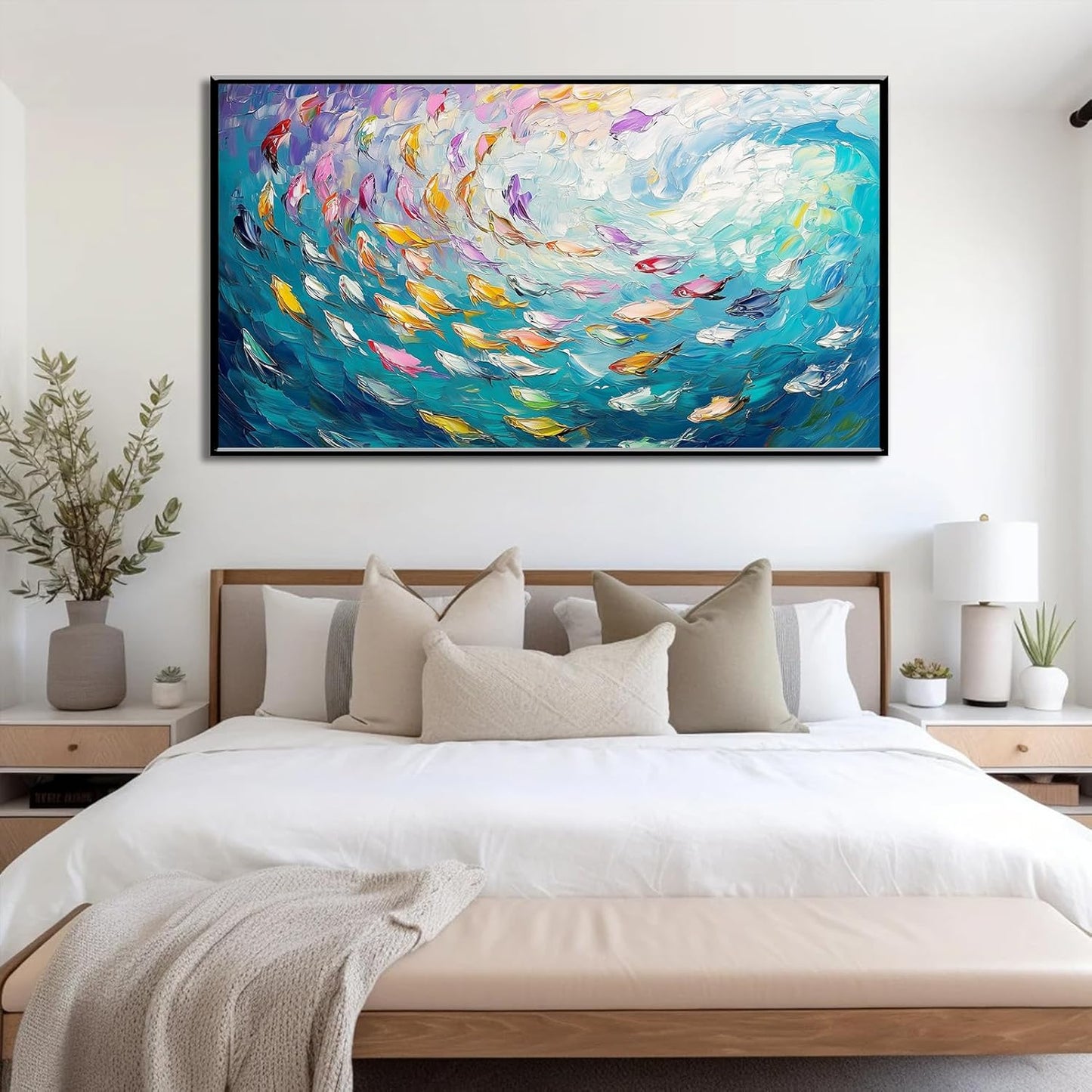 Fish Canvas Wall Art, Abstract School of Fish Canvas Wall Art, School of Fish Painting Canvas, School of Fish Wall Art, Fish Wall Decor, Fish Pictures Wall Decor, Bedroom Canvas Wall Decor (Black Framed, 69"x39" | 174x98cm)