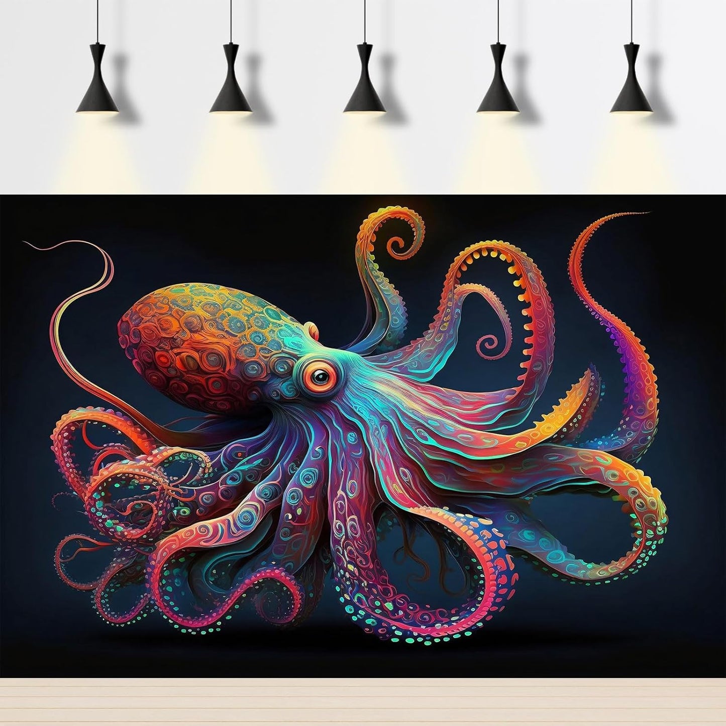 Exquisite Octopus Aquarium Background Abstract Colorful Octopus Terrarium Background Glowing Octopus on Black Background Fish Tank Backdrop Octopus Backdrops Poster Wallpaper Decors Vinyl 60x24in