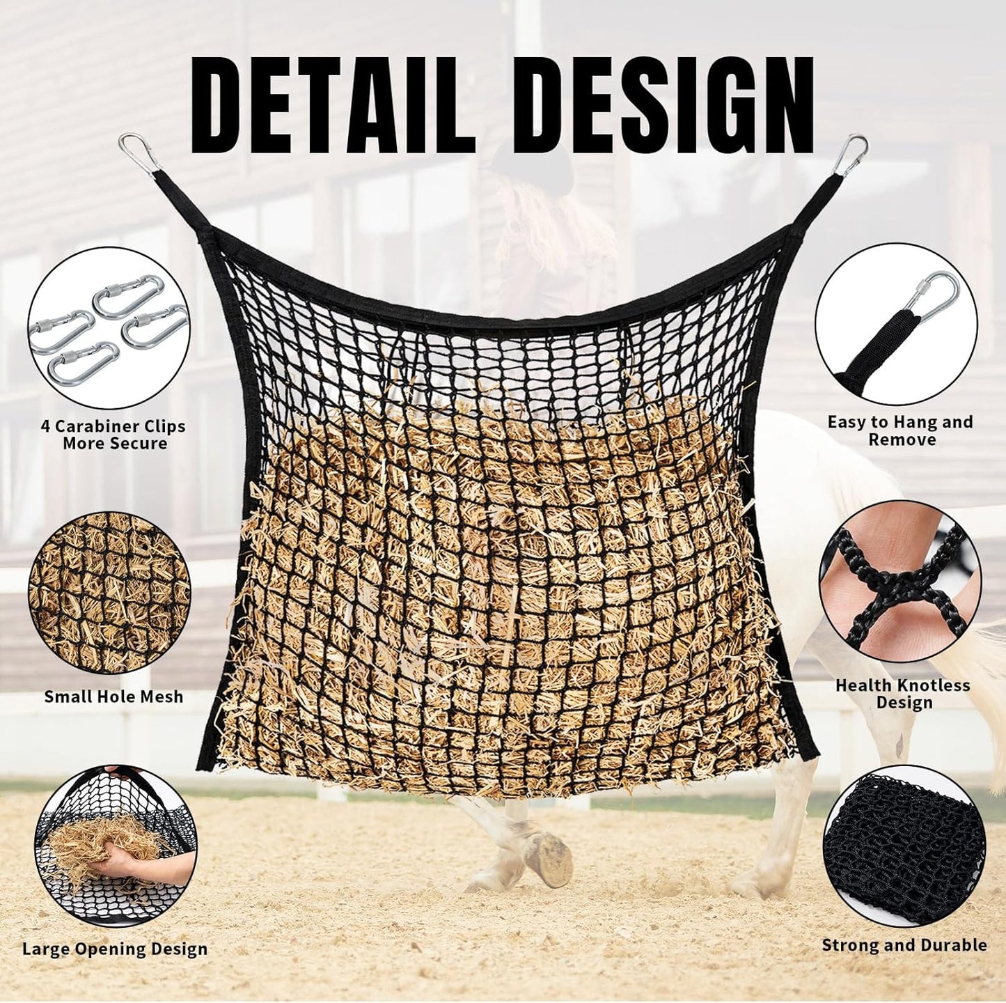 2 PCS Slow Feed Hay Net for Horses, Large Capacity Hay Bags for Horses Goats Sheep Donkey Trailer Full Day Feeding, Easy to Fill and Hang, Black, 35 x 31 Inch