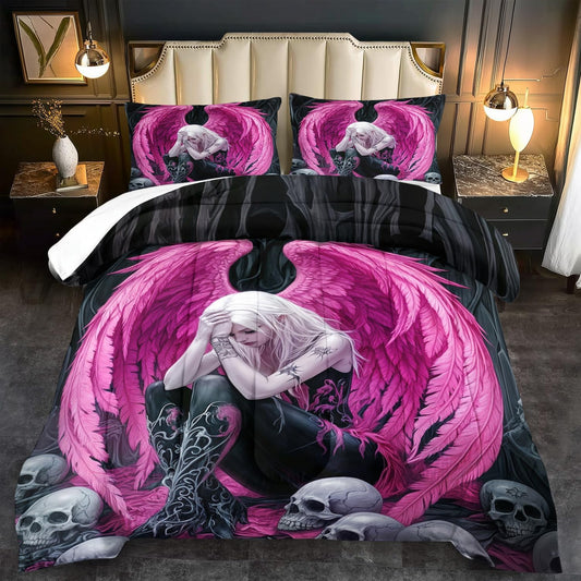Gothic Skull Comforter Set King for Adults,Angel Wings Bedding Set Pink for Girls,Sexy Angel Comforter Bedroom Decor Teen,Gothic Skull Bedding Decor Pink Wings Quilt
