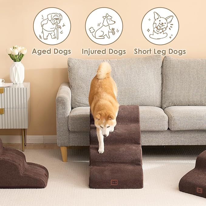 EHEYCIGA Curved Dog Stairs Ramp for High Beds 19.7" H, 4-Step Dog Steps for Small Dogs and Cats, Pet Stairs for High Bed Climbing, Non-Slip Balanced Pet Step Indoor, Brown