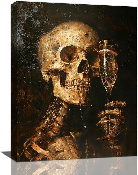 Quorin Gothic Skeleton Wall Art Goth Skull Champagne Wall Decor Dark Academia Pictures Horror Canvas Print Painting Artwork for Bathroom Living Room Bedroom 12"x16"