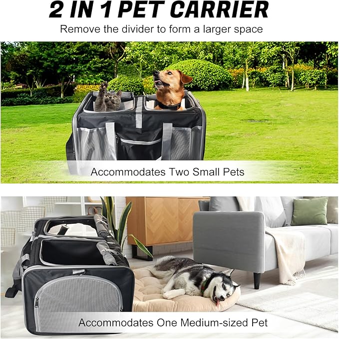 Cat Carrier for 2 Cats, Large Dog Cat Carrier with Wheels for Under 44lbs, Rolling Pet Carrier with Removable Pole Platform and Upgraded Wheels Dog Cat Travel Carrier for Hiking Camping, Black
