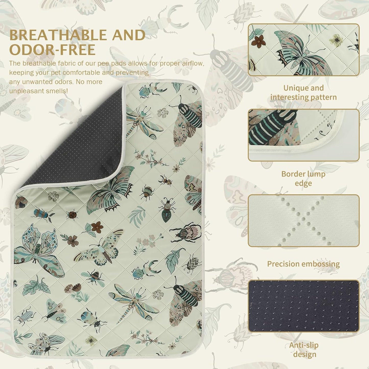 IEUUMLER Washable Pee Pads for Dogs, 2 Pack Insect Pattern Reusable Waterproof Puppy Potty Pads, Non-Slip Absorbent Pet Training Pads for Playpen Crate Bed EU014