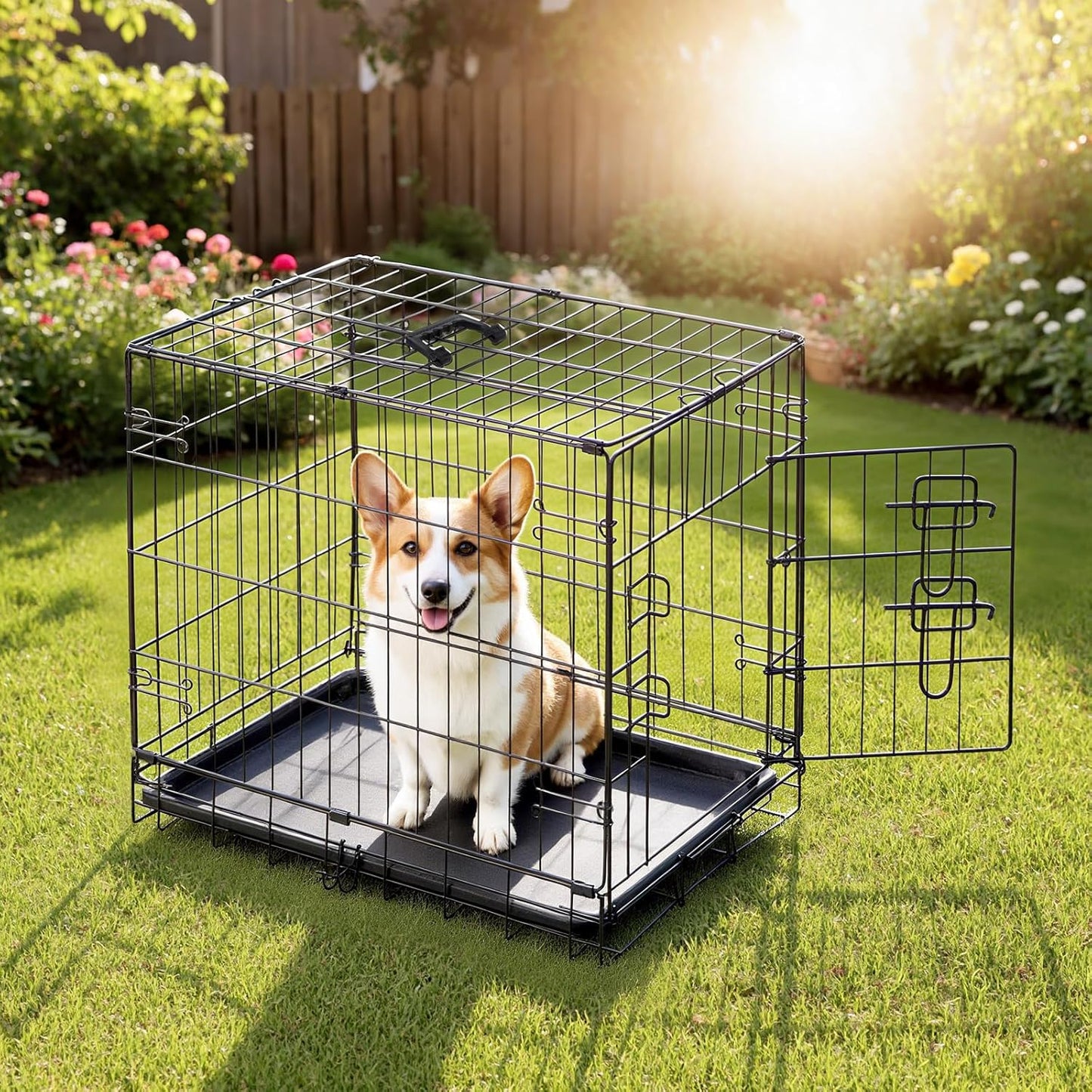 Dog Crate, 30 Inch Medium Wire Kennel with Divider Panel, Metal Cages with Double Door, Leak-Proof Pan Tray, Folding Portable for Indoor Outdoor Travel