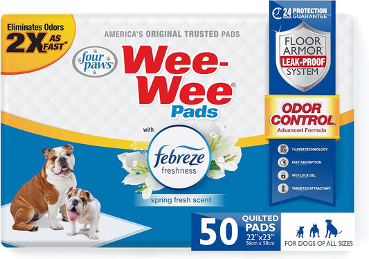 Four Paws Wee-Wee Odor Control with Febreze Freshness Pee Pads for Dogs & Puppies, Leak-Proof Dog Housebreaking Potty Training Floor Protection, Spring Fresh Scent, 22" x 23", 50 Count