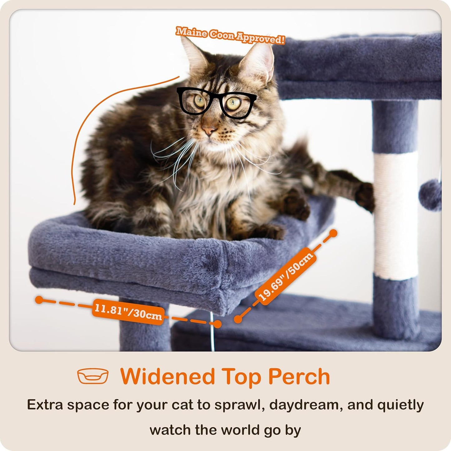 Ouritsu Cat Tree, 61 inch Tall Cat Tower for Large Cat Indoor, Enlarged Condo, 2 Padded Perches with 1 Widened, Large Hammock, Scratching Post and ramp, Fluffy Basket, Dark Gray, LF002DG