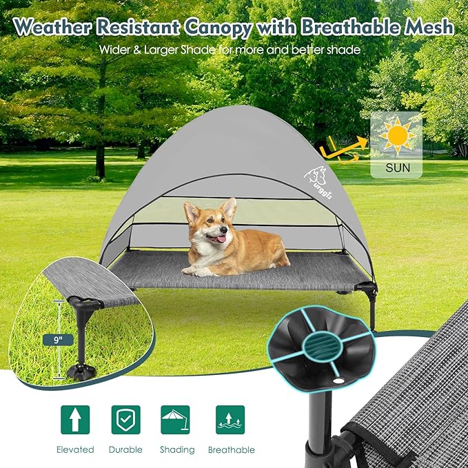 Upgraded Elevated Dog Bed with Canopy, Portable Raised Outdoor Dog Bed with Stable Anti-Slip Feet, Wider Shade Pet Bed Cot, Raised Dog Beds for Large Dogs Camping, Indoor & Outdoor Use