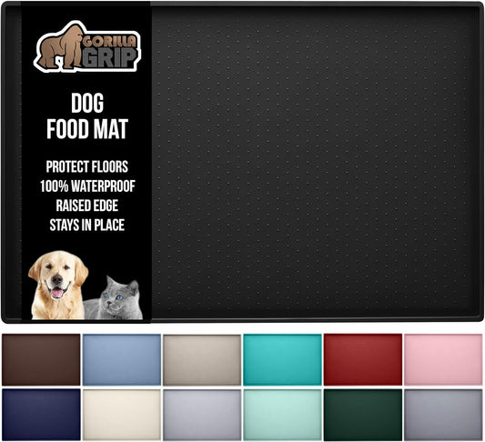 GORILLA GRIP 100% Waterproof Raised Edge BPA Free Silicone Pet Feeding Mat, Dog Cat Food Mats Contain Spills Protects Floors, Placemats for Cats and Dogs Water Bowl, Pets Accessories 18.5x11.5 Black