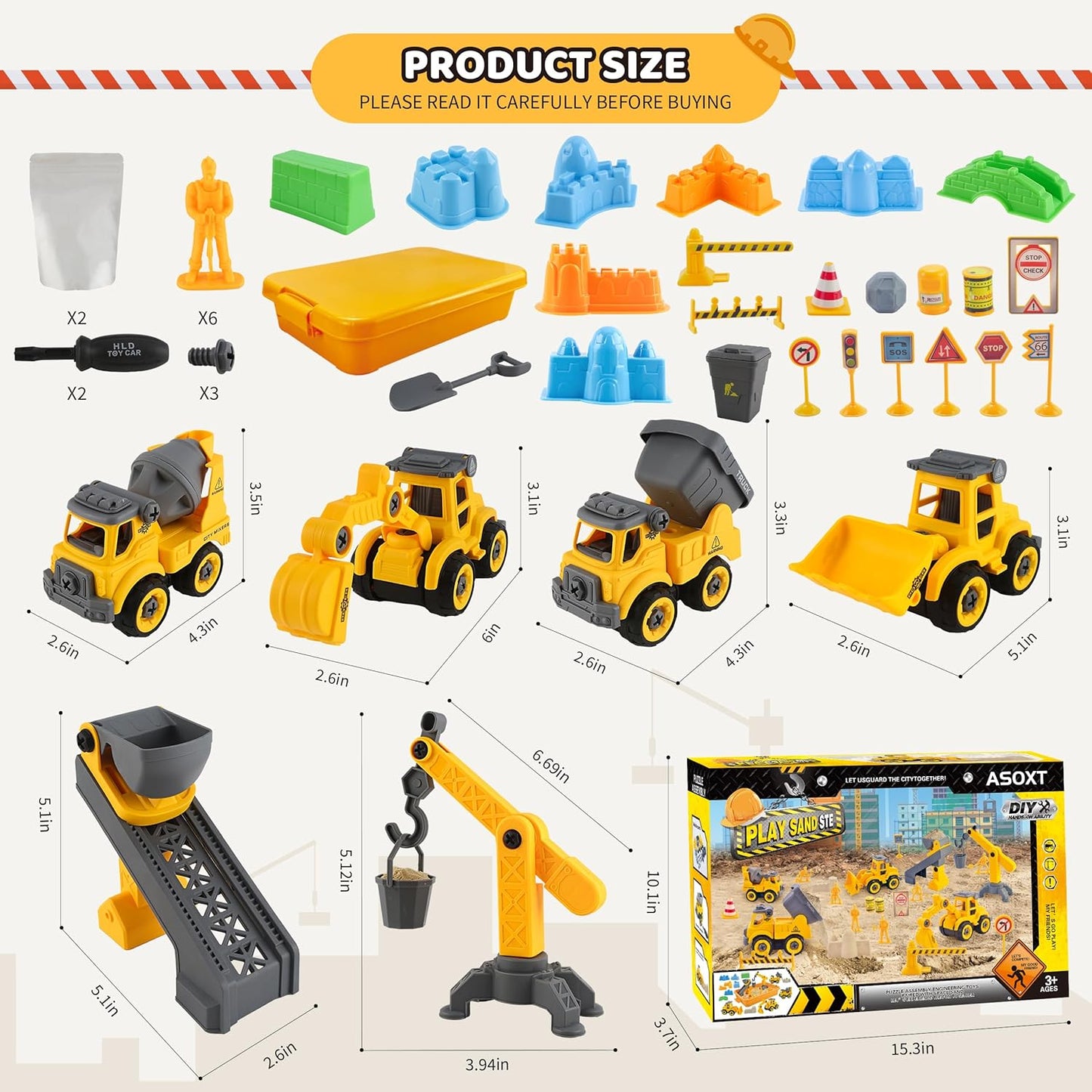 Asoxt 43-Piece Construction Sensory Playset – 2 lbs Play Sand, 4 DIY Trucks, Crane & Road Signs – Creative Sandbox Toy for Kids Ages 3+