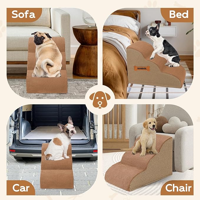 Romrol Dog Stairs Ramp for High Beds Couches, High Density Foam Pet Steps with Durable Non-Slip Waterproof Fabric Cover, Dog Stairs for Small Dogs or Cats or Pets, 3-Step,15 Inch,Light Brown
