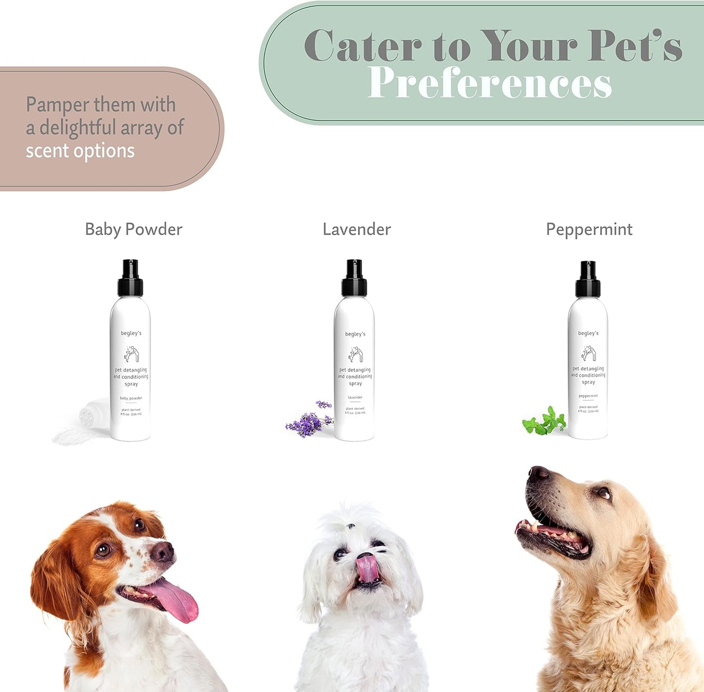 Begley's Pet Detangling Spray - Premium Essential Oil Scented Detangler Spray for Dogs, Puppies & Cats - Dog Leave in Conditioner Spray - Dematting Spray for Dogs & Pets - 16 oz, Peppermint
