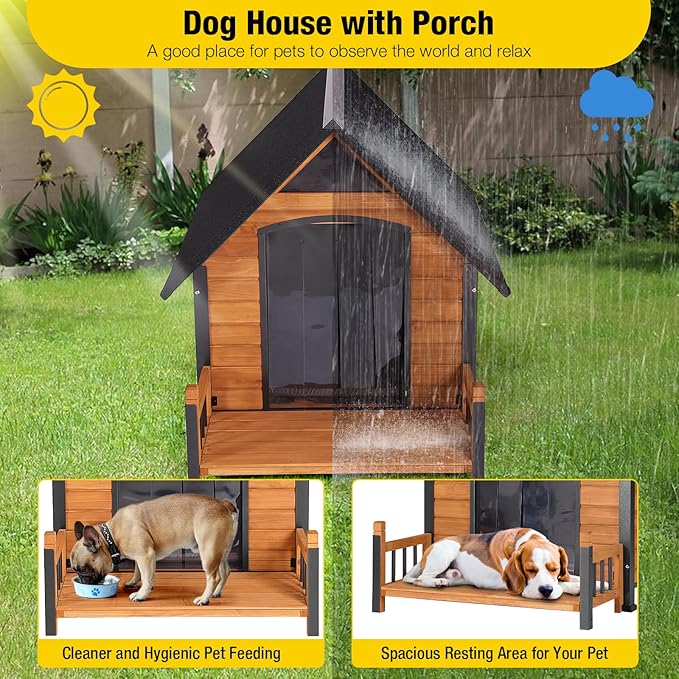 Outdoor Dog House with All-Around Insulated Liner Weatherproof Puppy Shelter Indoor Dog Kennel, Anti-Bite Dog Home for Large Breed with Porch (Brown, 50.8" D x 37.4" W x 37.2" H)