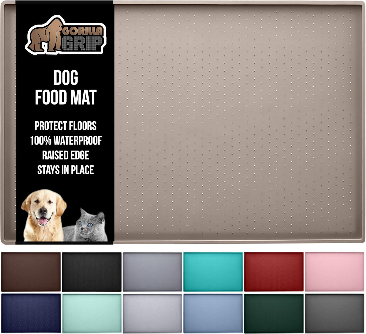 GORILLA GRIP 100% Waterproof Raised Edge BPA Free Silicone Pet Feeding Mat, Dog Cat Food Mats Contain Spills Protects Floors, Placemats for Cats and Dogs Water Bowl, Pets Accessories 18.5x11.5 Beige