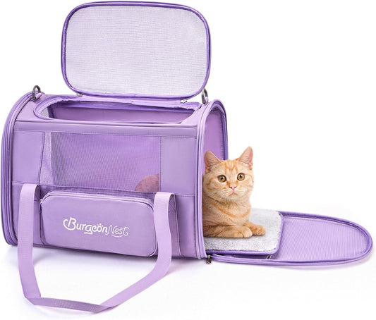BurgeonNest Cat Dog Carrier, Cat Carriers for Large Medium Cats 20 lbs, Soft Sided Puppy Kitten Pet Carrier Under 25 lbs, Collapsible Travel Cat Carrier with Unique Side Bag (Medium)