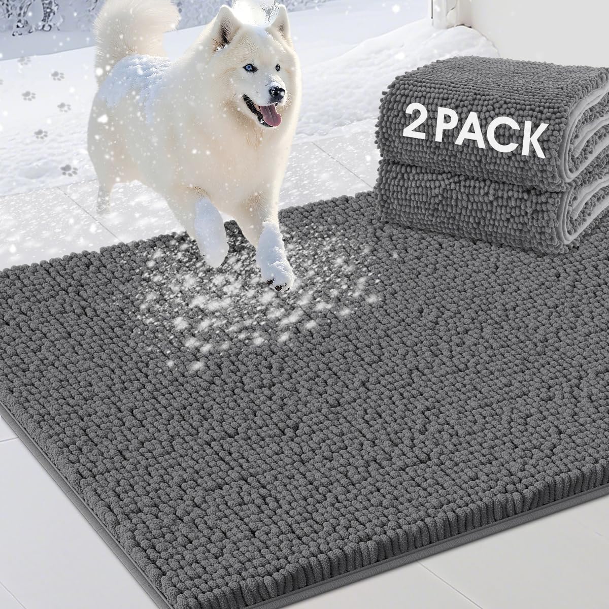2 Pieces Muddy Door Mats for Dogs, Chenille Absorbent Pet Mats, Quick Dry, Trap Dirt Non Slip Heavy Indoor Doormat Soft Dog Bed Mat Front Inside Door Mat for Indoor Outdoor Entrance,Grey