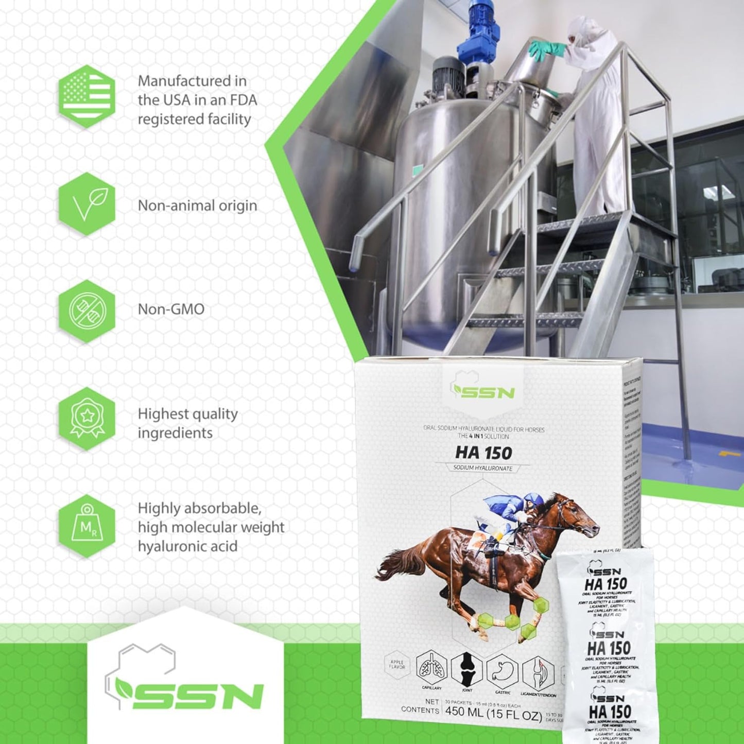 SSN HA 150 - 4 In 1 Horse Supplement - 60 Servings - Equine Joint, Gastric, Ligament/Tendon, Lung Capillary Health - Glucosamine Alternative - (60 Pack, 150mg Sodium Hyaluronate per Serving)