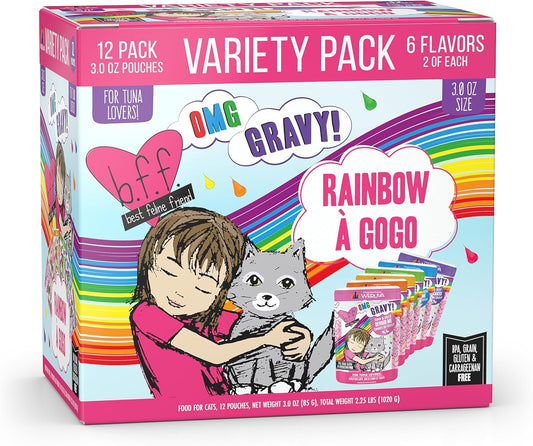 Weruva B.F.F. OMG - Best Feline Friend Oh My Gravy!, Rainbow A Gogo Variety Pack! Cat Food, 3oz Pouch (Pack of 12)