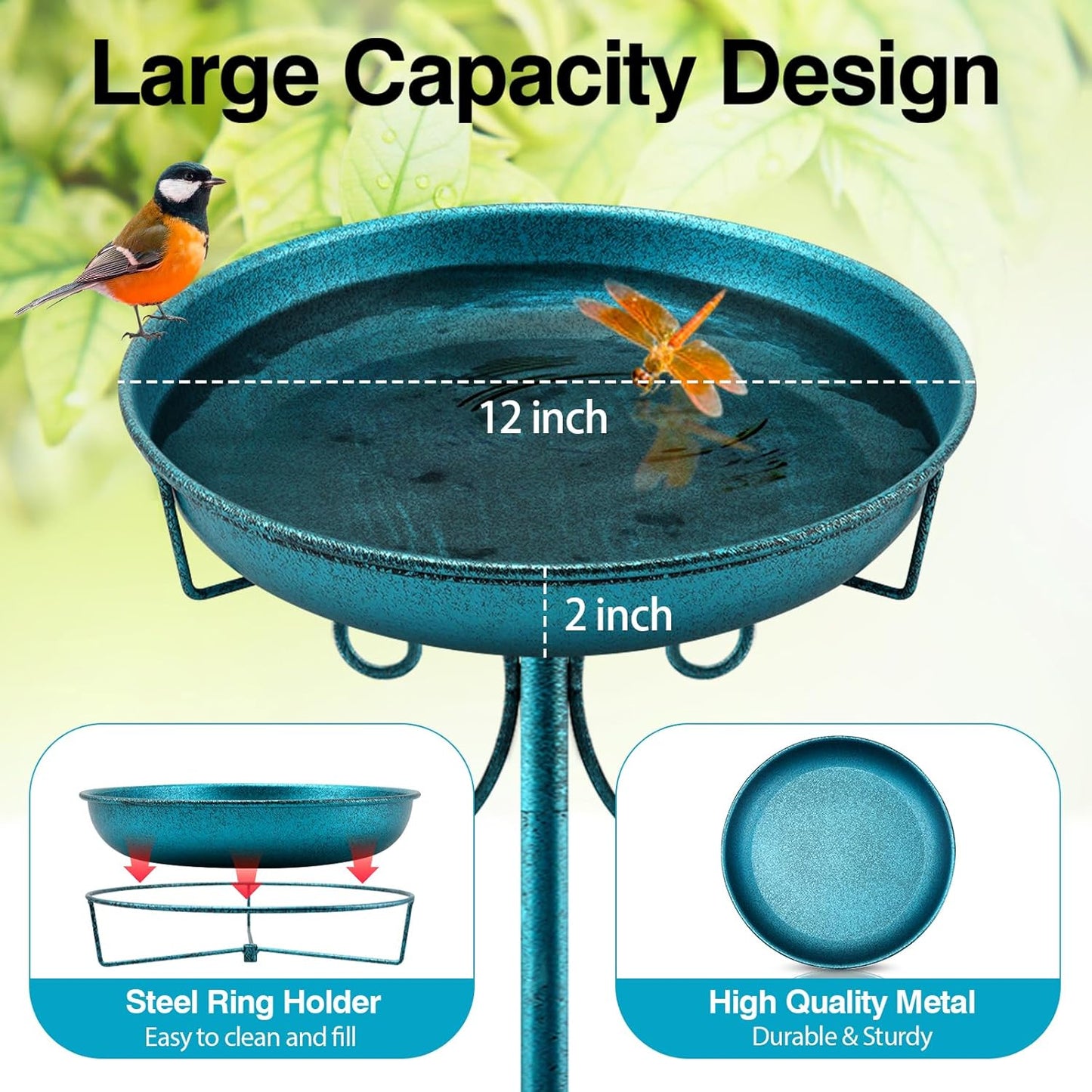 Daoeny 35In Metal Bird Bath for Outside, Vintage Freestanding Birdbaths & Birdfeeder, Bird Baths Feeder Bowl for Outdoors Garden Patio Yard Lawn Decor, Upgraded 5-Pronged Base (Blue)