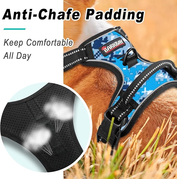 BARKBAY No Pull Dog Harness Large Step in Reflective Dog Harness with Front Clip and Easy Control Handle for Walking Training Running(Blue camo,S)