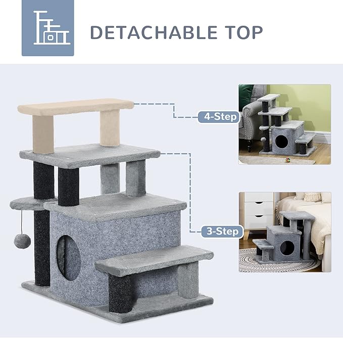PawHut Pet Stairs, Adjustable Height 3/4 Step Cat Steps with Scratching Post, Condo, Toy Ball for High Bed, Sofa, Couch, Indoor Small Cats, Kittens, Gray