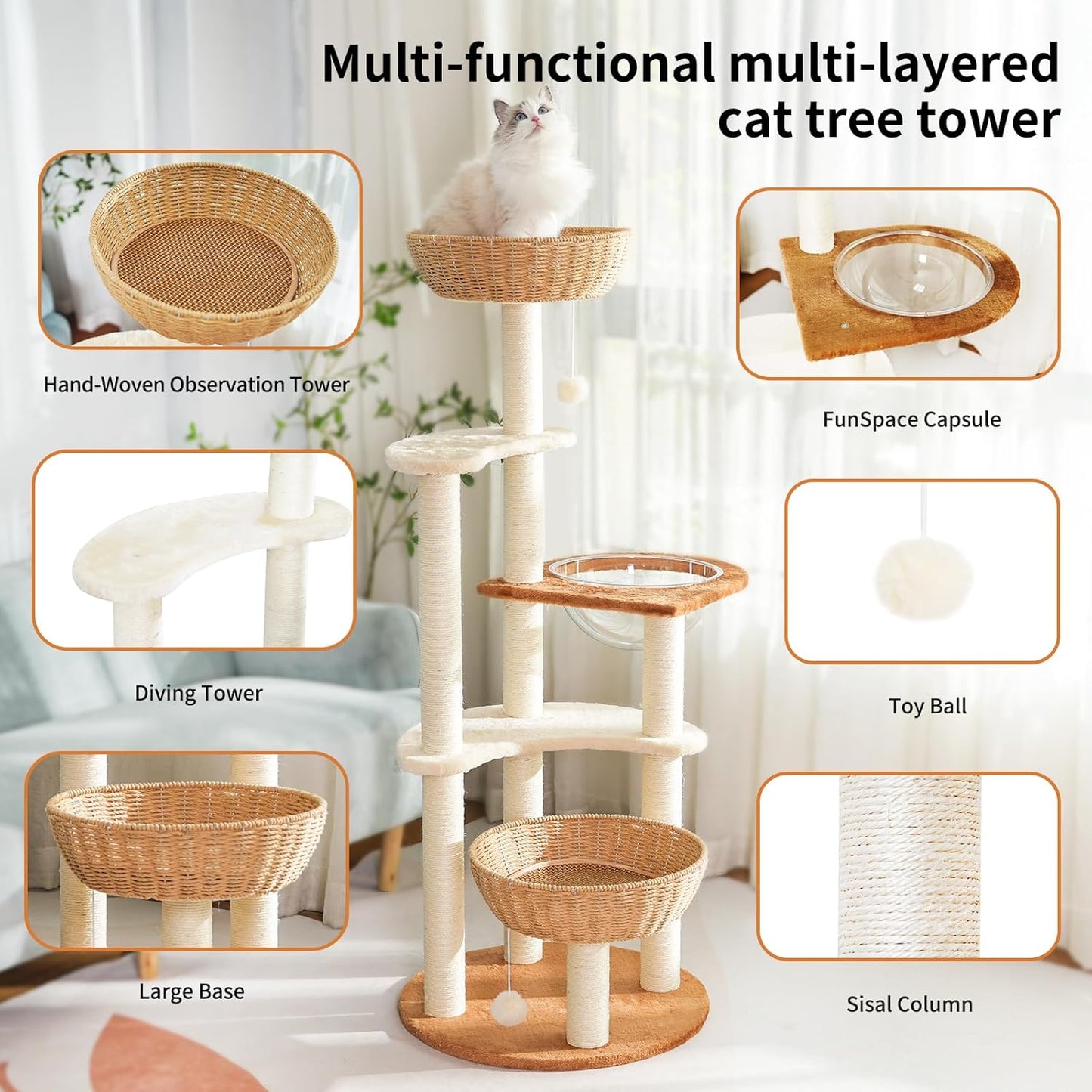 Modern Cat Tree Tower,Hand-Woven Ma Teng cat nest, Sisal-Covered Scratching Posts for Indoor Cats, Multi-Level Cat Condo with Space Capsule Nest, Tall Cat Tree for Multiple Large Cats