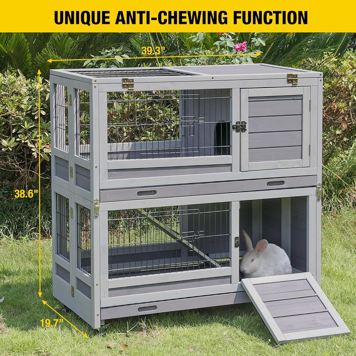 Aivituvin Large Rabbit Hutch Indoor and Outdoor Folding Bunny Cage on Wheels Guinea Pig Cage with Deep No Leak Pull Out Tray,Upgrade Version (Light Gray)