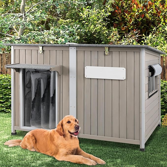 Weatherproof Outdoor Dog House, Wooden Puppy Shelter with Anti-Chewing Iron Frame and Elevated Floor, Sturdy Dog Kennel for Small, Medium & Large Dogs, Grey (Gray, 51" L x 29" W x 32" H)