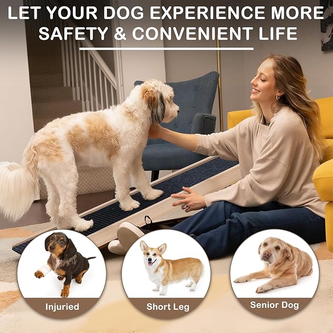 Folding Dog Ramp Safety for Bed, Wooden 5 Adjustable Height Pet Ramps, Potable Dog Steps with Non-Slip Traction Mat, Dog Step, Dogs Stairs for SUV Car, Couch, Safe,Height Bed(47.3 Inch Long)