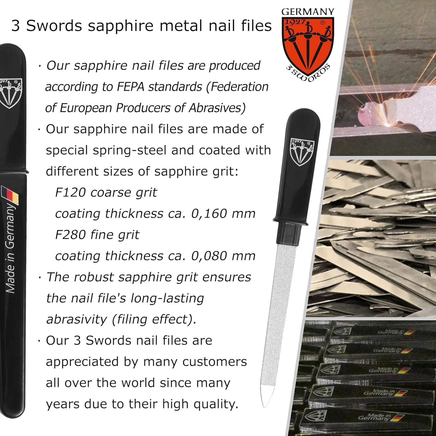 3 Swords Germany - Brand Quality Double Sided (fine & coarse) Sapphire Metal Pocket Nail File (1 Piece), Made in Solingen Germany