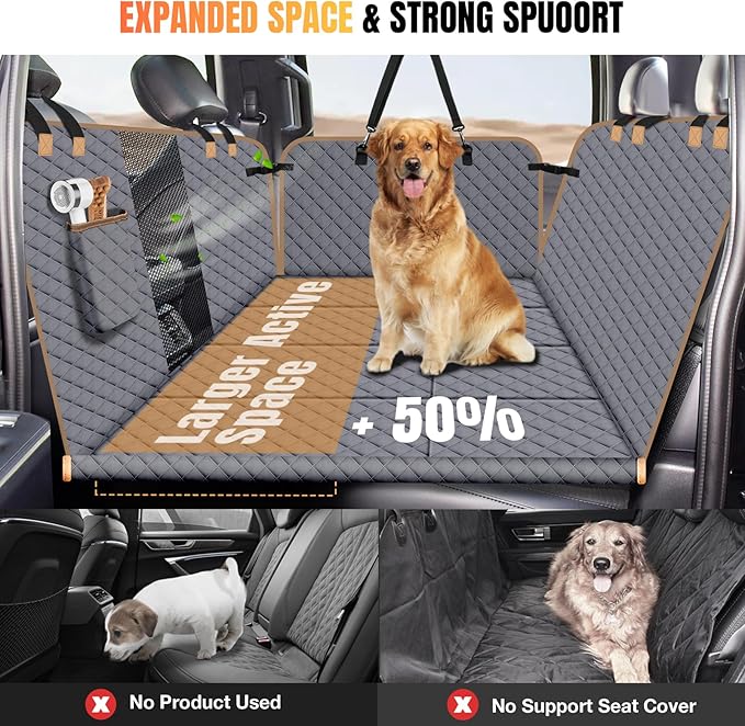 Dog Car Seat Cover for Back Seat, Dog Car Bed Cover with Strong Hard Bottom, Car Back Seat Extender Hammock for Car SUV Truck 4 Panels Gray Color Large Size