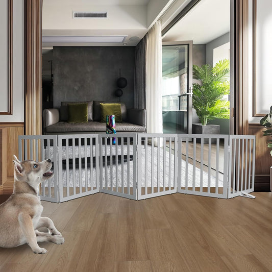 ZJSF Freestanding Indoor Dog Gate for House Foldable Wood Puppy Gate for Doorways Pet Gate for Stairs Extra Wide Pet Fence, Grey, 24" Height 6 Panels
