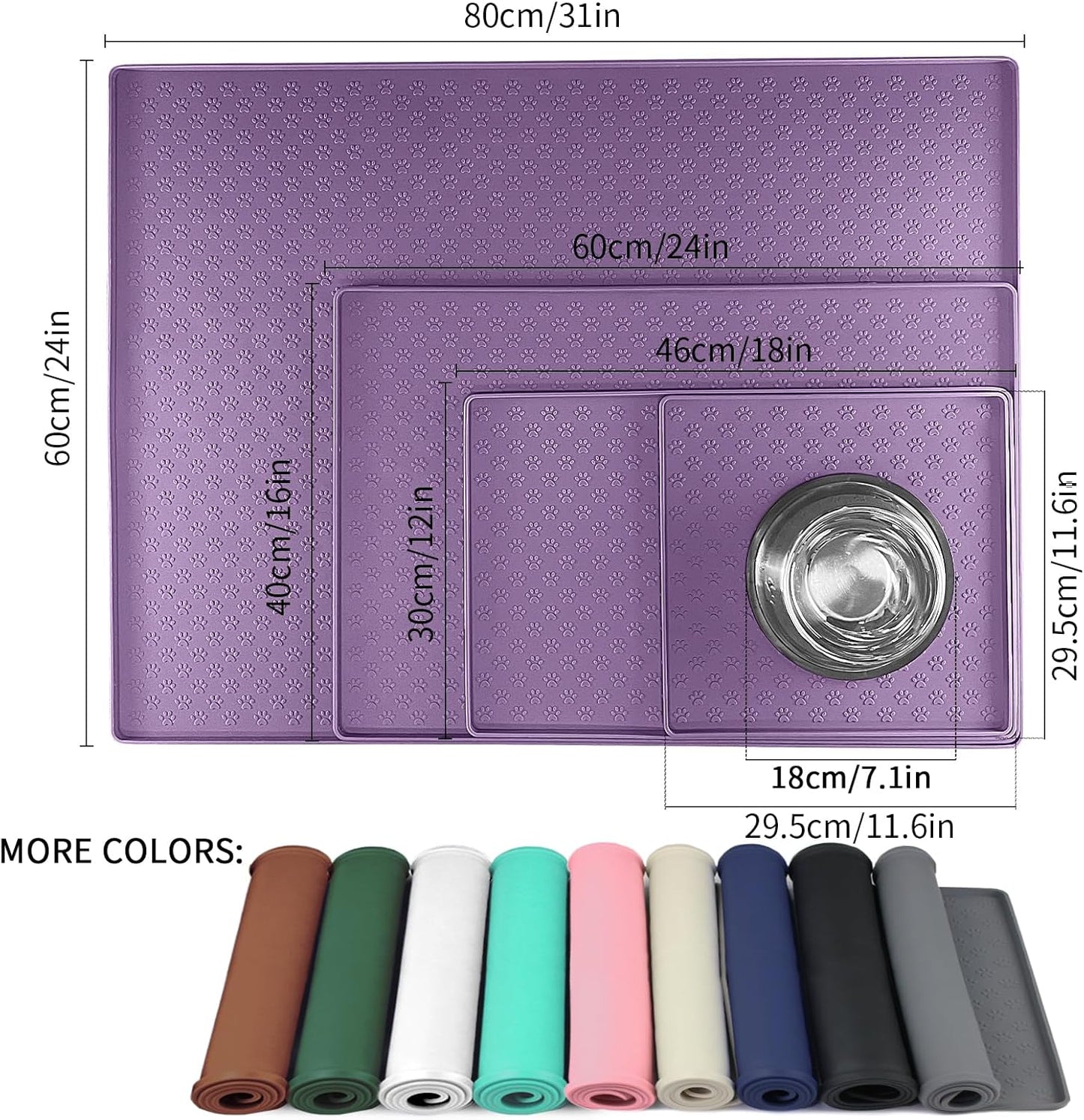 Ptlom Silicone Dog Food Mat Waterproof Pet Feeding Mat with High-Lips, Anti-Slip Dog Bowl Mat for Food & Water, Non-Spill Puppy Feeding Tray for Small, Medium & Large Dogs and Cats, Purple